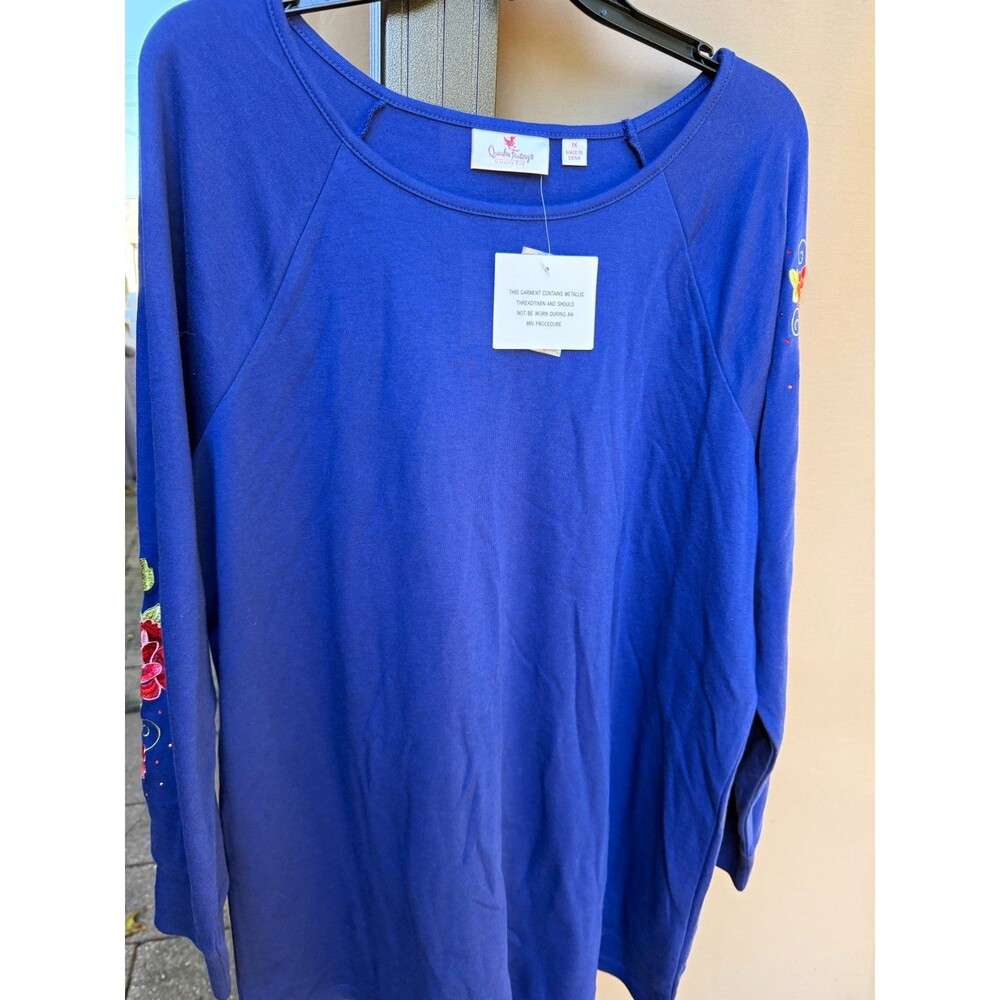 Quacker Factory Top Womens 1X Blue Floral Round Neck Raglan Knit Embroidered